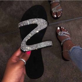 Sexy Women Summer Flat Slippers Rhinestone Shoe Open Toe Roman Beach Sandal ladies Flip Flops Black Non-slip Slides size 35-43 (Color: Silver, Shoe Size: 38)