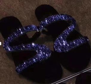 Sexy Women Summer Flat Slippers Rhinestone Shoe Open Toe Roman Beach Sandal ladies Flip Flops Black Non-slip Slides size 35-43 (Color: Blue, Shoe Size: 42)