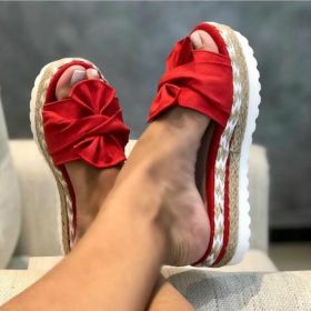 Women Slippers Summer 2020 Platform Wedges Mid Heels Bow Tie Peep Toe Fashion Slides Beach Outdoor Ladies Shoes Zapatos De Mujer (Color: Red, Shoe Size: 39)
