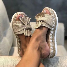Women Slippers Summer 2020 Platform Wedges Mid Heels Bow Tie Peep Toe Fashion Slides Beach Outdoor Ladies Shoes Zapatos De Mujer (Color: Beige, Shoe Size: 41)