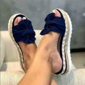 Women Slippers Summer 2020 Platform Wedges Mid Heels Bow Tie Peep Toe Fashion Slides Beach Outdoor Ladies Shoes Zapatos De Mujer (Color: Blue, Shoe Size: 38)