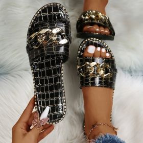 Fashion Sexy Chain Lock Solid Color Plus Size 2022 Summer New Style Roman Style Flat Outdoor Female Slippers Women Sandals (Color: Black, Shoe Size: 36)
