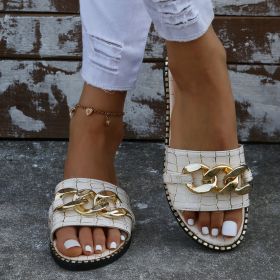 Fashion Sexy Chain Lock Solid Color Plus Size 2022 Summer New Style Roman Style Flat Outdoor Female Slippers Women Sandals (Color: White, Shoe Size: 42)
