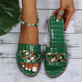Fashion Sexy Chain Lock Solid Color Plus Size 2022 Summer New Style Roman Style Flat Outdoor Female Slippers Women Sandals (Color: dark green, Shoe Size: 35)