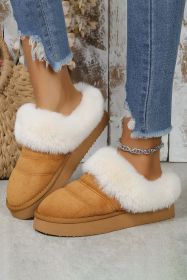 Black Plush Suede Patchwork Thick Sole Slippers (Color: Camel, size: 38)
